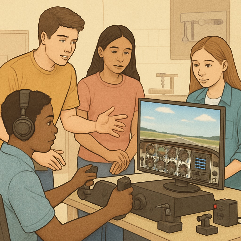 A group of high school students engaging with a flight simulator during a STEM aviation workshop. High school students using a flight simulator to learn aviation concepts.