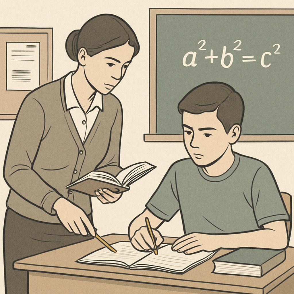 A classroom setting depicting a teacher intensely guiding a student, symbolizing rigorous teaching methods. Teacher guiding a student in a classroom with intensity, emphasizing strict teaching methods.
