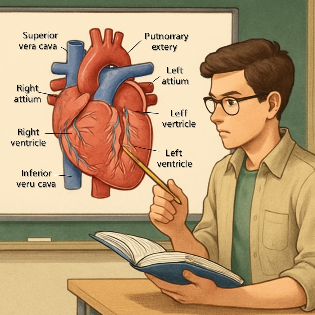 A high-school biology student examining a digital model of the human heart, illustrating the importance of integrating medical knowledge into education. High school student learning cardiology basics through digital resources.
