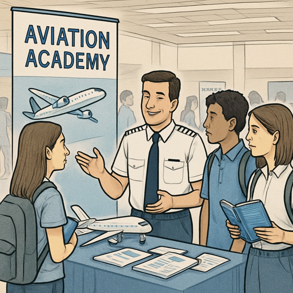 An aviation academy representative discussing pilot career pathways with high school students during a career fair. Aviation career fair showcasing pathways to becoming a licensed pilot.