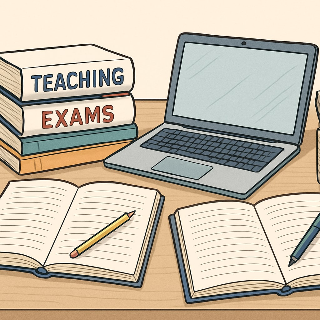 A study desk with books, notes, and a laptop, symbolizing preparation for teaching exams. Preparation resources for OAE test, including books and notes on a desk.
