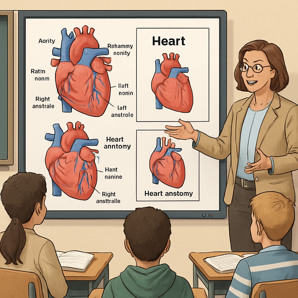 A teacher explaining heart anatomy to middle school students using a digital whiteboard, emphasizing interactive learning in cross-disciplinary medicine. Teacher explaining heart anatomy to students in a classroom setting.