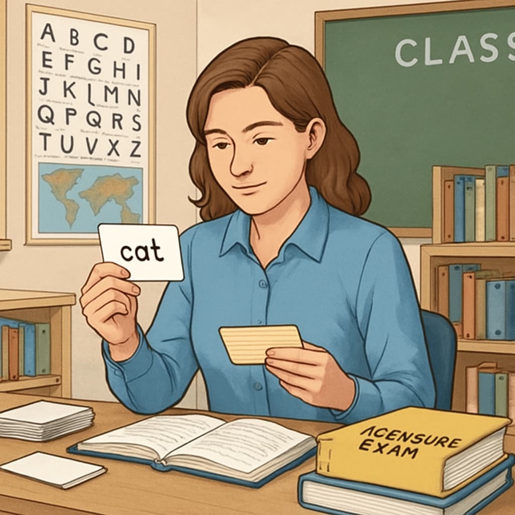 A teacher reviewing flashcards and notes in preparation for an elementary education licensure exam. A teacher preparing for the OAE test with notes and flashcards.