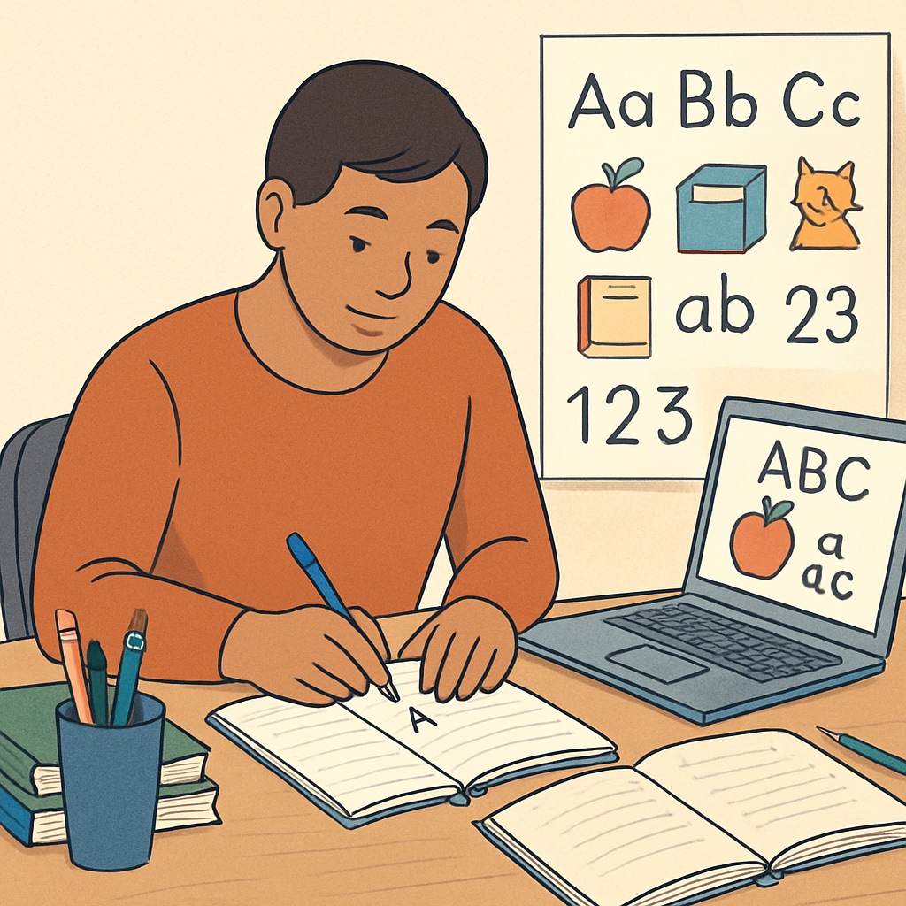 Adult learning basic literacy skills with educational materials.