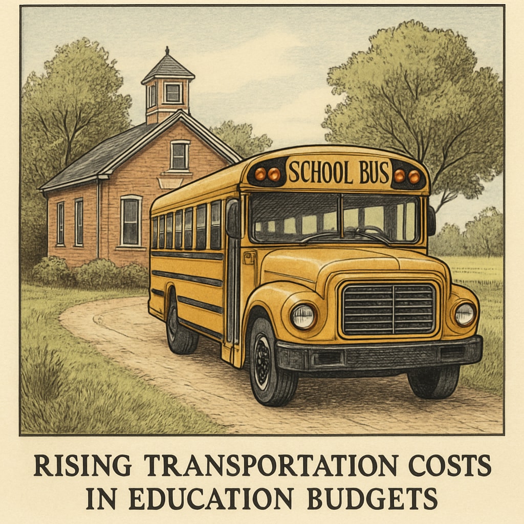 A school bus parked in front of a rural school, symbolizing rising transportation costs in education budgets. School bus transportation costs affecting per-student spending in education budgets.