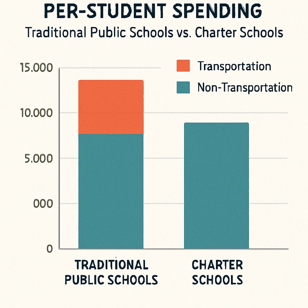 A comparative chart showing per-student spending in traditional public schools versus charter schools, highlighting the impact of transportation costs. Comparison of per-student spending in public vs. charter schools with a focus on transportation.