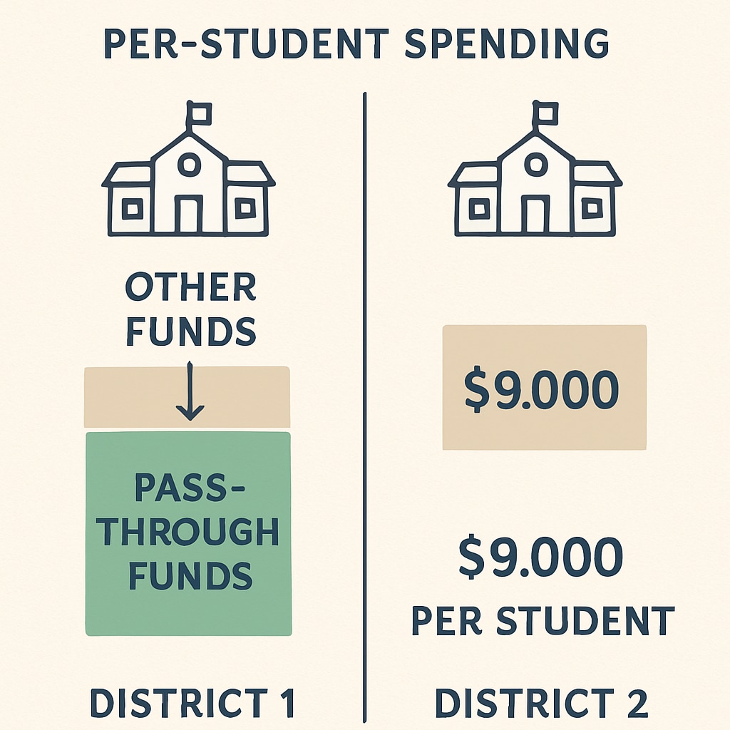 A side-by-side comparison chart of two school districts, showing how pass-through funds inflate per-student spending metrics. A comparison chart highlighting discrepancies in per-student spending due to pass-through funds.
