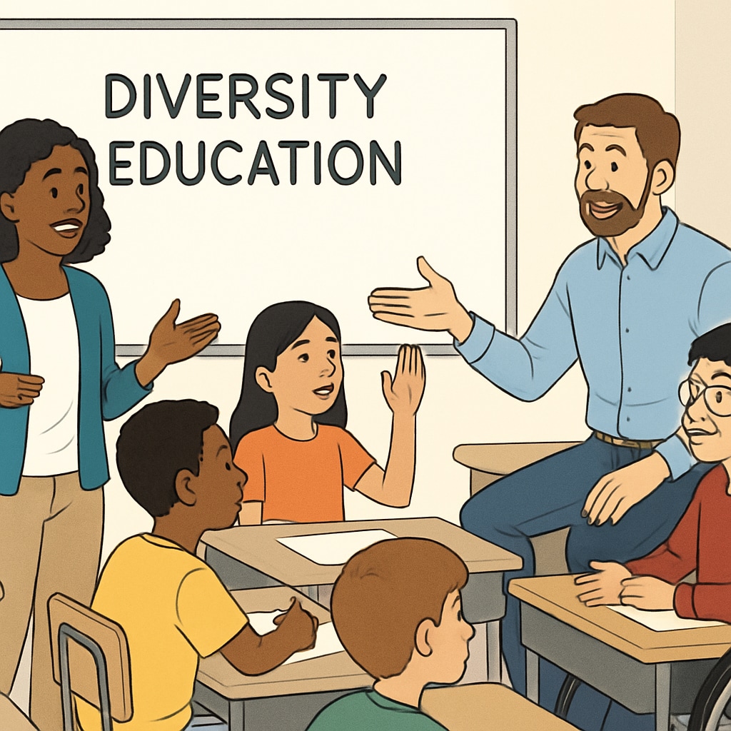 A classroom discussion on diversity education with students and teachers engaging in dialogue. Students and teachers discussing diversity education in a classroom.