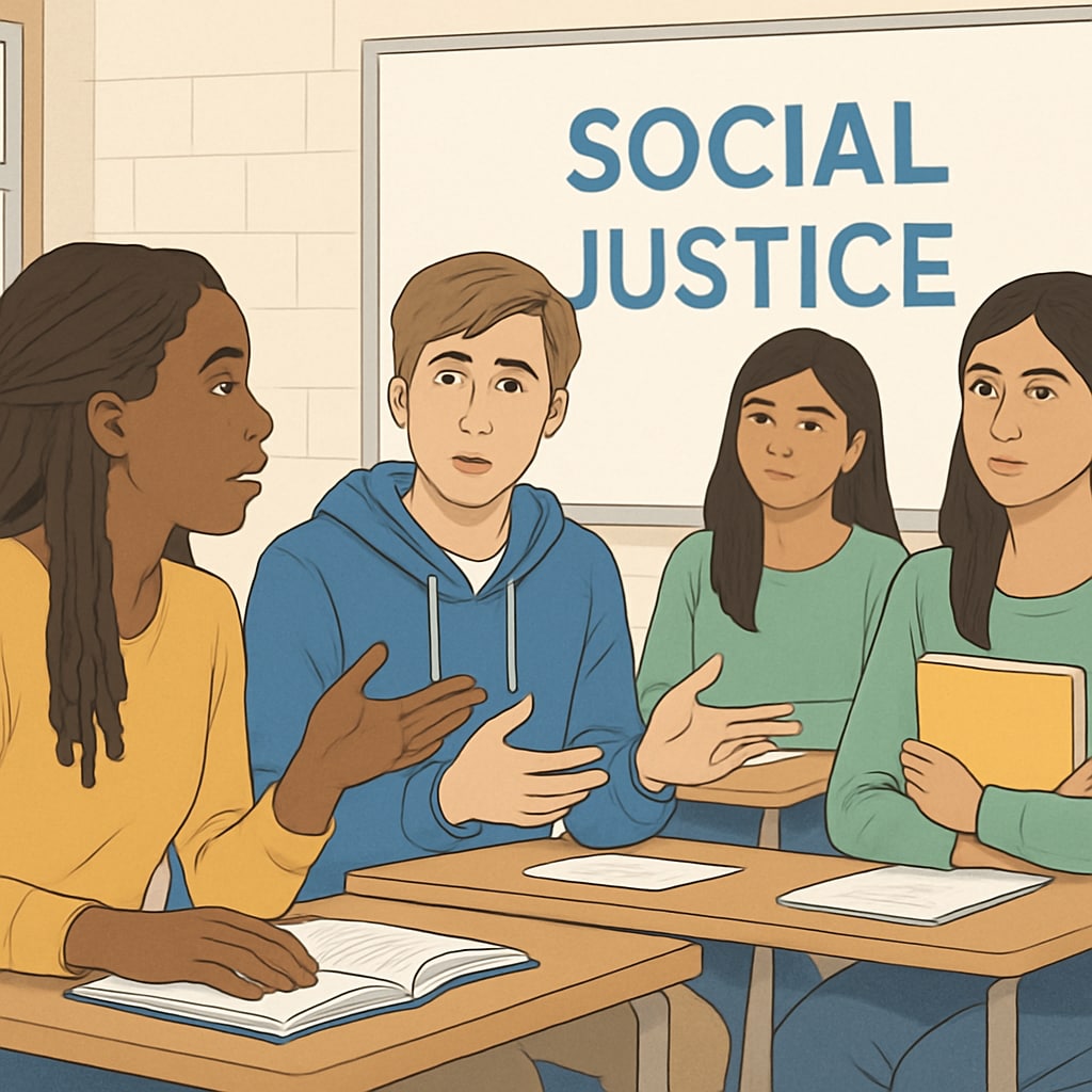 A group of high school students sitting in a classroom, engaged in a discussion about social justice topics. Students discussing social justice topics in a classroom, related to school wokeness.