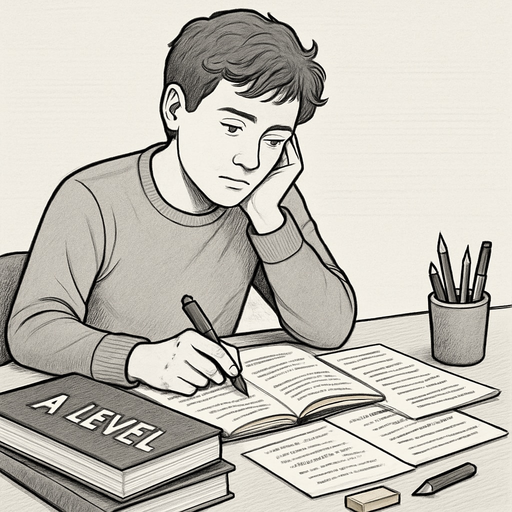 A thoughtful student reviewing A-Level study materials at a desk, highlighting the retake option’s challenges and opportunities. Student studying A-Level materials, representing the retake decision for academic success.