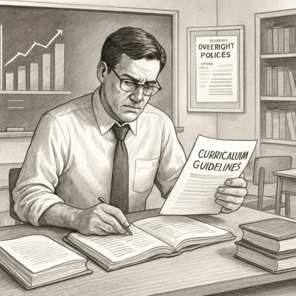 A teacher reviewing curriculum guidelines in a classroom setting, highlighting the challenges posed by oversight policies. A teacher examining curriculum guidelines in response to oversight policies.