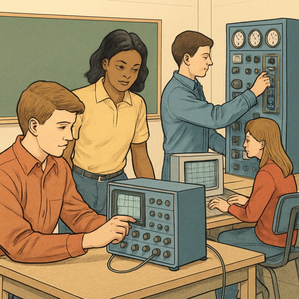 A classroom featuring students working on technical equipment as part of a CTE program. Students participating in a hands-on CTE program focused on technical skills.