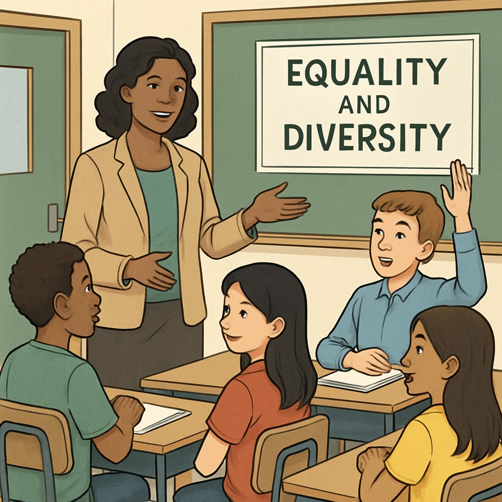 A teacher leading a classroom discussion on equality and diversity, with visible student engagement. A teacher discussing equality and diversity in a classroom, related to school wokeness.