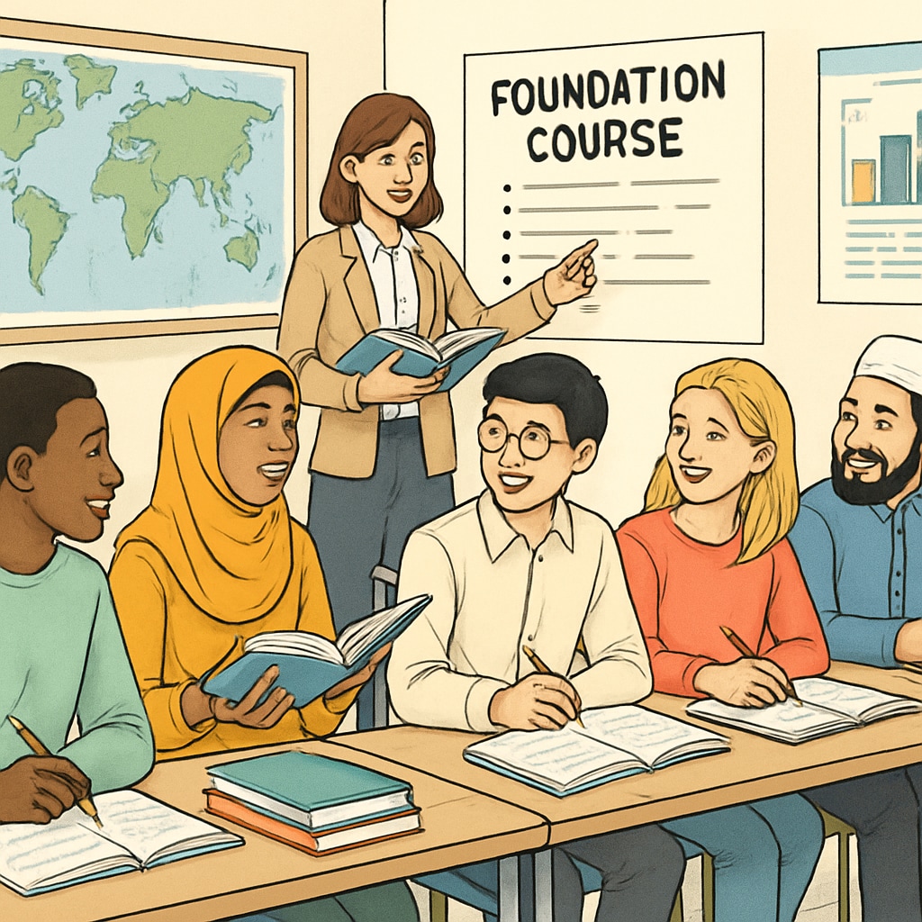 A diverse group of international students attending a foundation course class, illustrating the global opportunities available. International students in a foundation course, symbolizing academic preparation abroad.