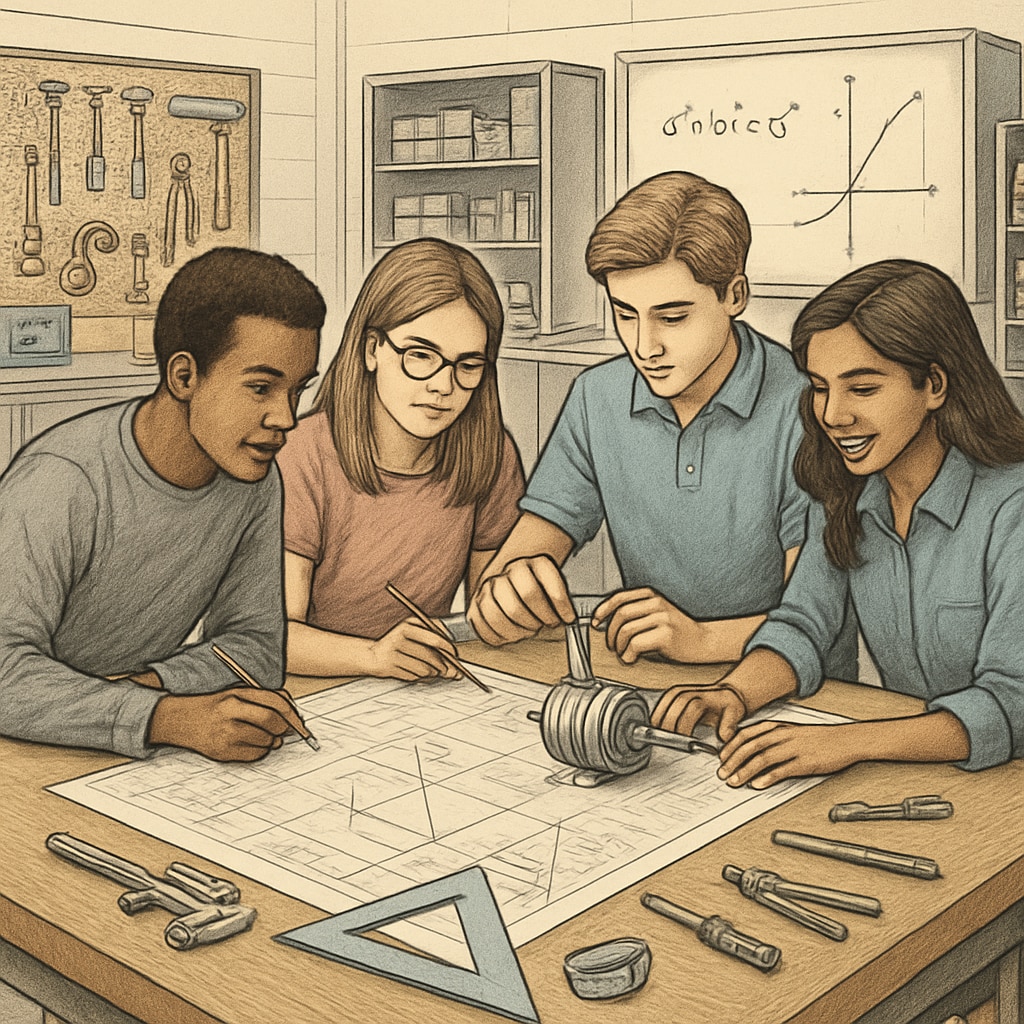 Students collaborating on a project that combines engineering concepts and mathematics in a CTE classroom. Students in a CTE program applying engineering and math concepts in teamwork.