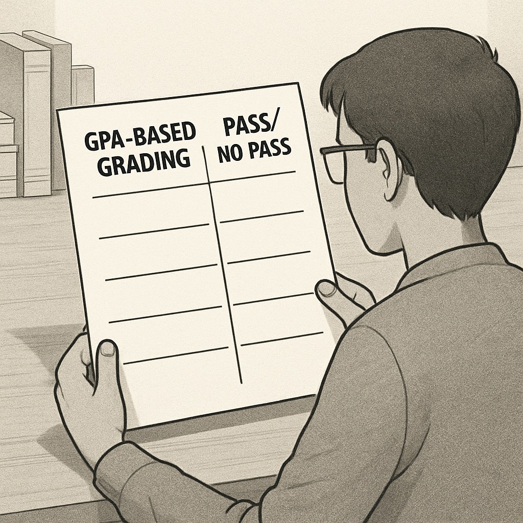 A student comparing GPA-based grading and Pass/No Pass options on a decision sheet, symbolizing the academic choice-making process. Student reviewing GPA and P/NP grading impact on career prospects.