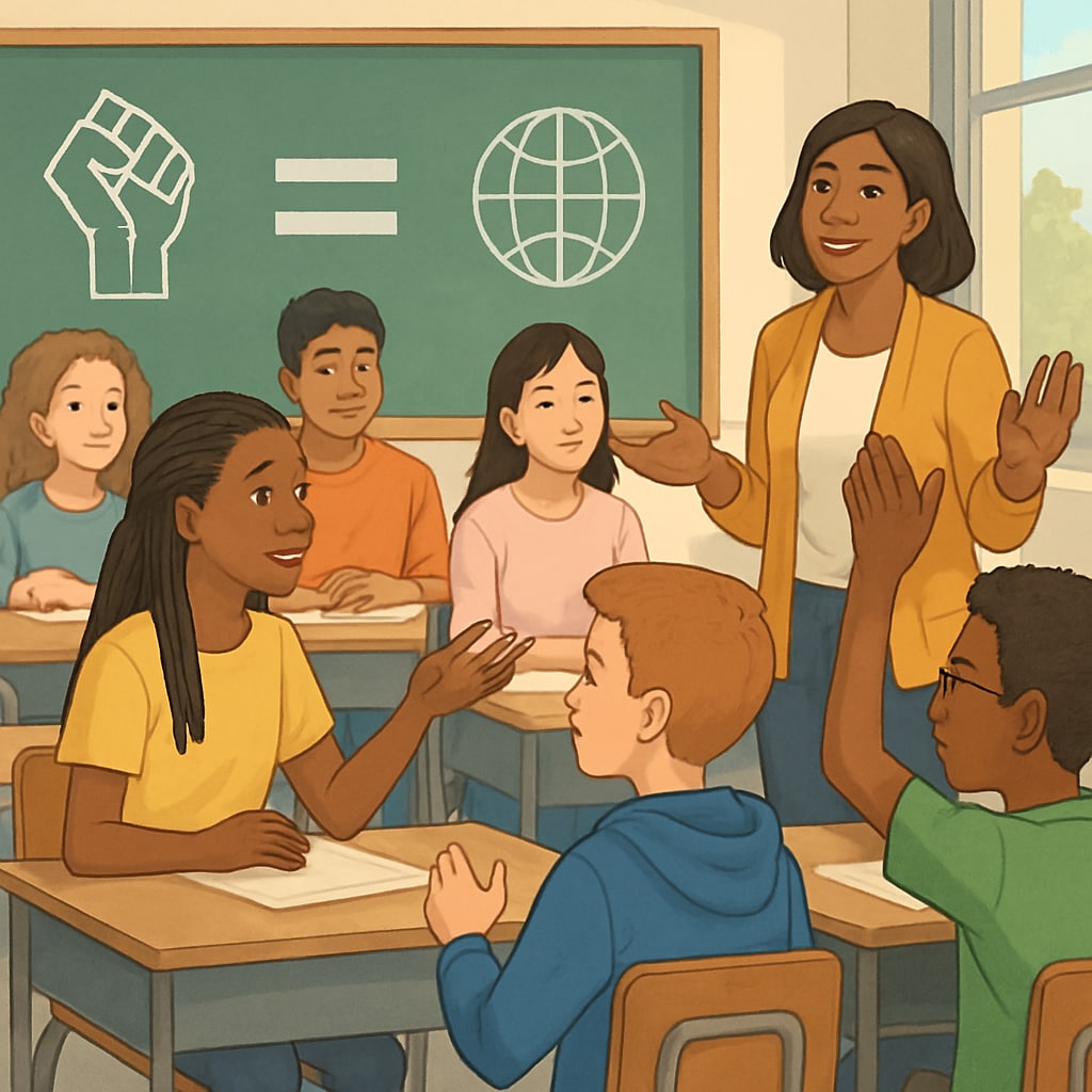 A classroom filled with diverse students engaging in a discussion about social issues, symbolizing wokeness in education. A diverse classroom discussion highlighting wokeness and inclusivity in schools.