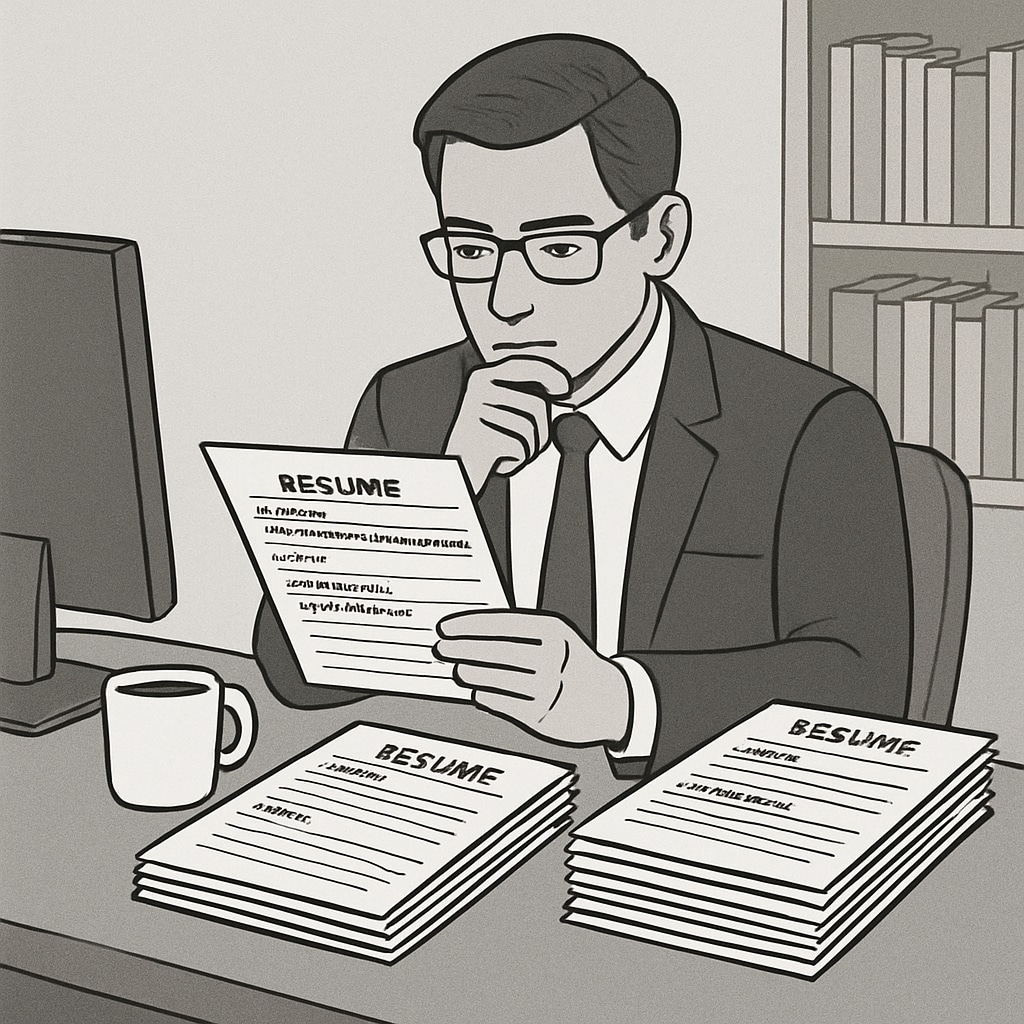 A hiring manager reviewing resumes with a focus on cybersecurity certifications and skills rather than university names. Cybersecurity hiring manager reviewing resumes with emphasis on skills over university reputation.