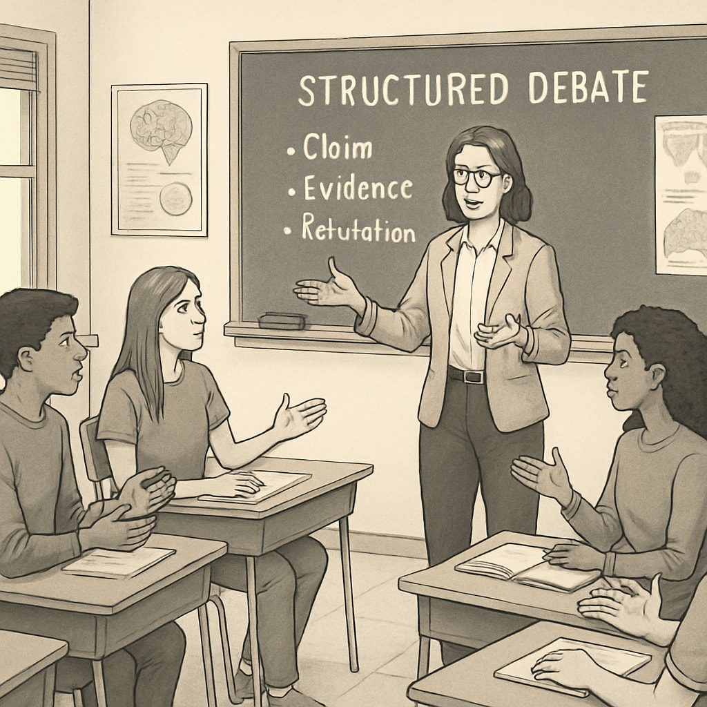 A teacher facilitating a debate among high school students on a socially relevant topic, emphasizing dialogue and critical thinking. A teacher moderates a debate on social issues in a high school classroom.