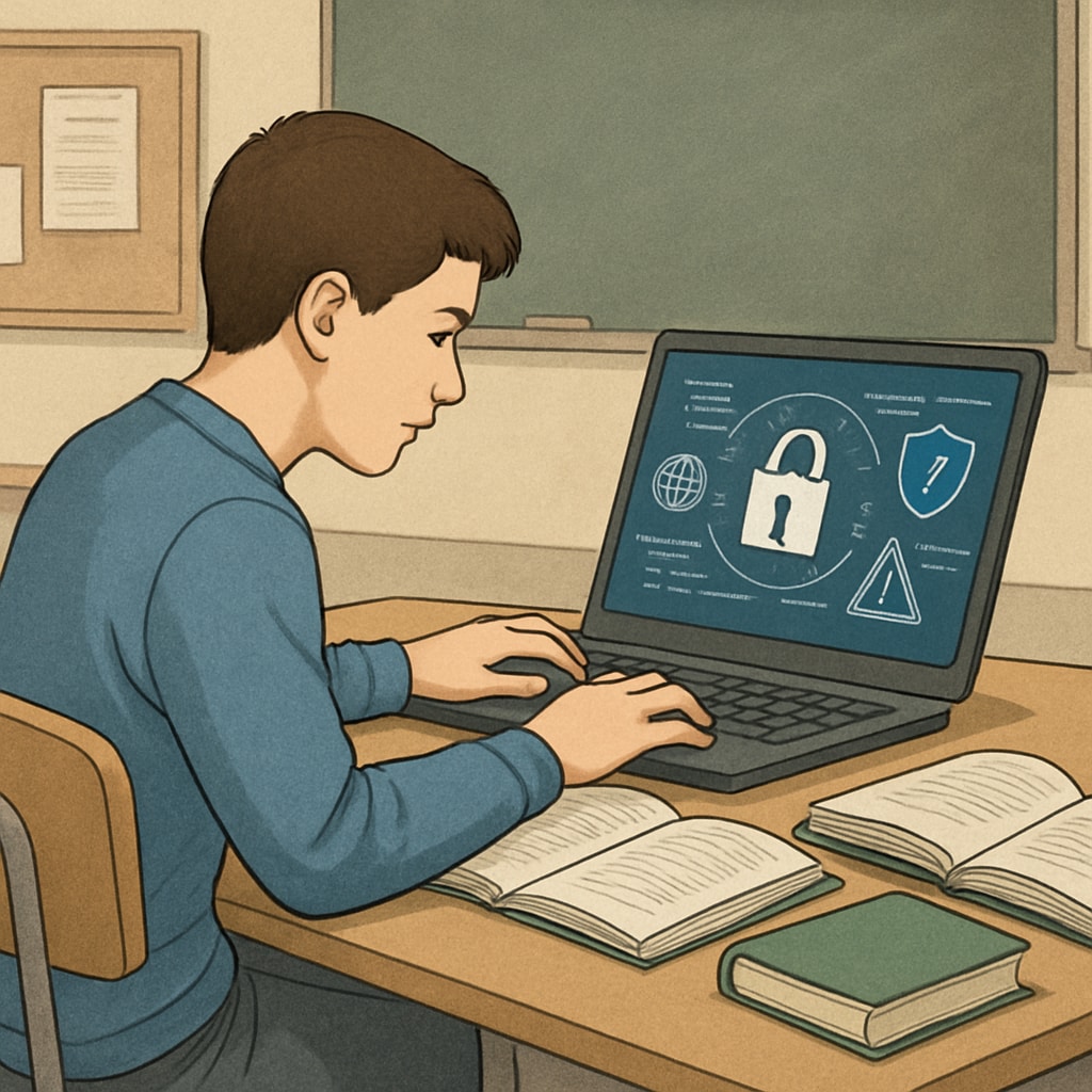 A high school student participating in an online cybersecurity competition, demonstrating hands-on learning. K12 student engaged in a cybersecurity competition to build practical skills.