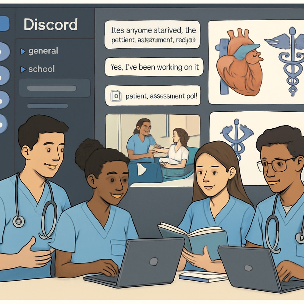 A group of nursing students collaborating on a Discord platform, with discussion threads and shared resources visible. Nursing students discussing topics on a Discord group platform.