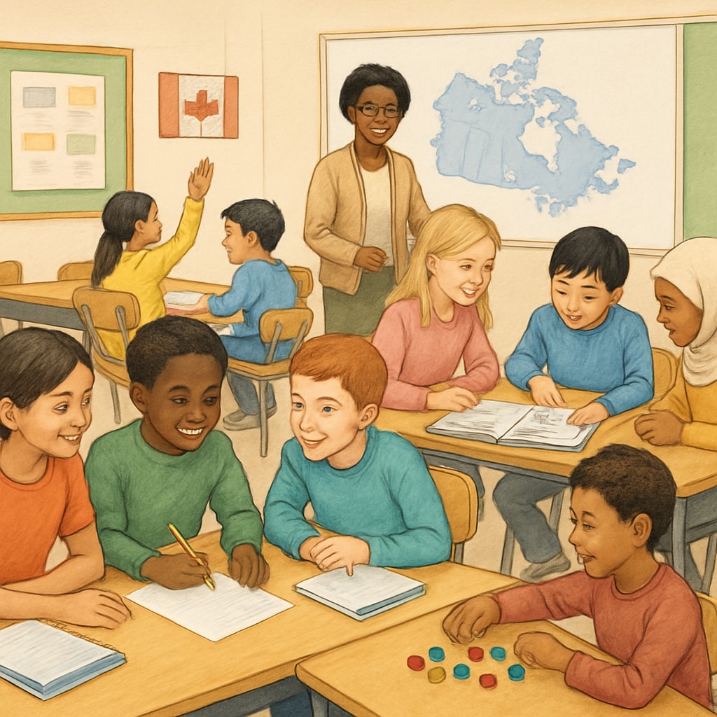 Diverse students in a Canadian classroom engaging in group activities