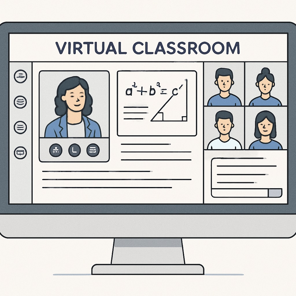 A virtual classroom interface on a computer screen, symbolizing modern online education tools. Virtual learning tools for GED and high school diplomas