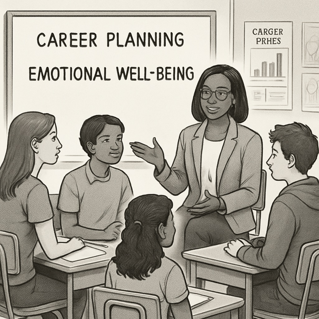 A professional school counselor working with a group of high school students in a classroom setting, discussing career planning and emotional well-being. School counselor discussing career planning with high school students in a classroom.