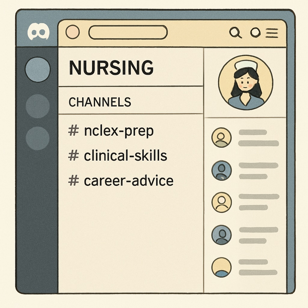 Screenshot of a nursing-focused Discord server with channels labeled Nursing-focused Discord server screenshot with educational channels.