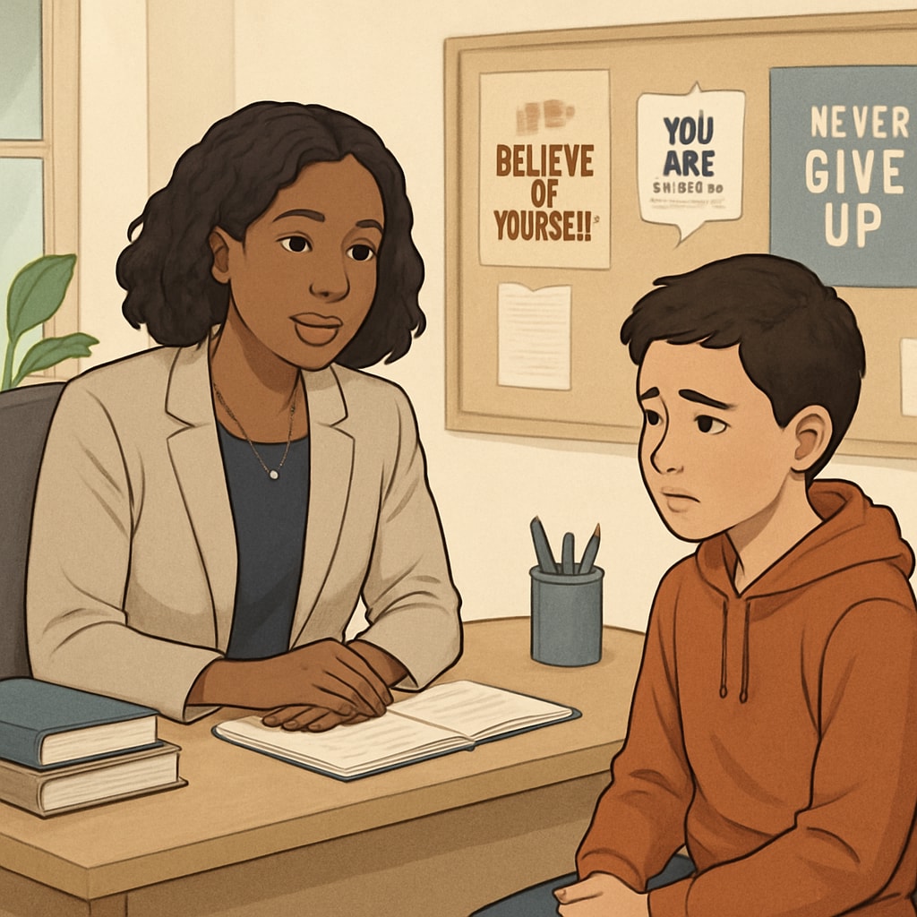 A middle school counselor engaging with a student one-on-one, discussing challenges such as social anxiety or academic struggles. Middle school counselor helping a student manage social anxiety during a private session.