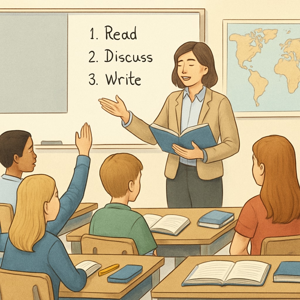 A classroom setting with a teacher guiding students through a structured lesson plan. Structured learning in a classroom setting with a teacher and students.