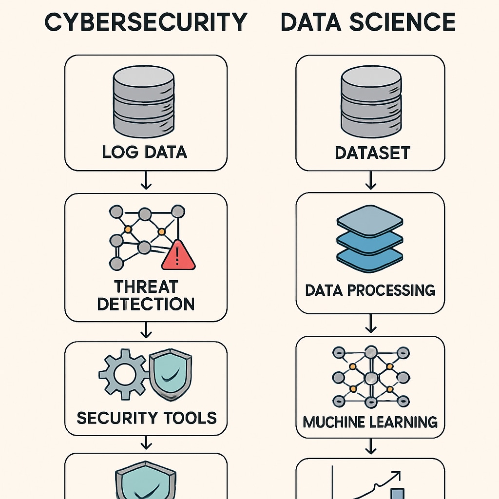 A visual comparison of cybersecurity and data science workflows, highlighting the tools and objectives of each field. Comparison chart showing cybersecurity and data science career workflows.