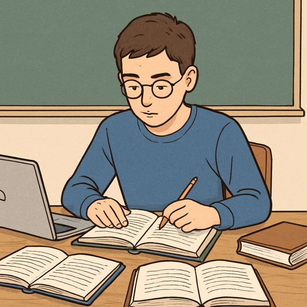 A student studying independently, surrounded by books and a laptop, symbolizing autonomous learning. Autonomous learning with a student studying independently.