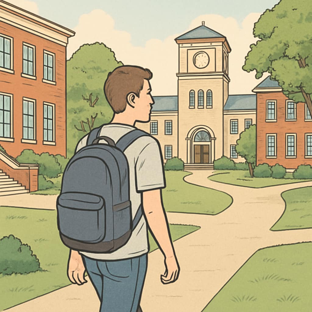 A student carrying a backpack while walking on a university campus. A university student carrying an affordable and spacious backpack.