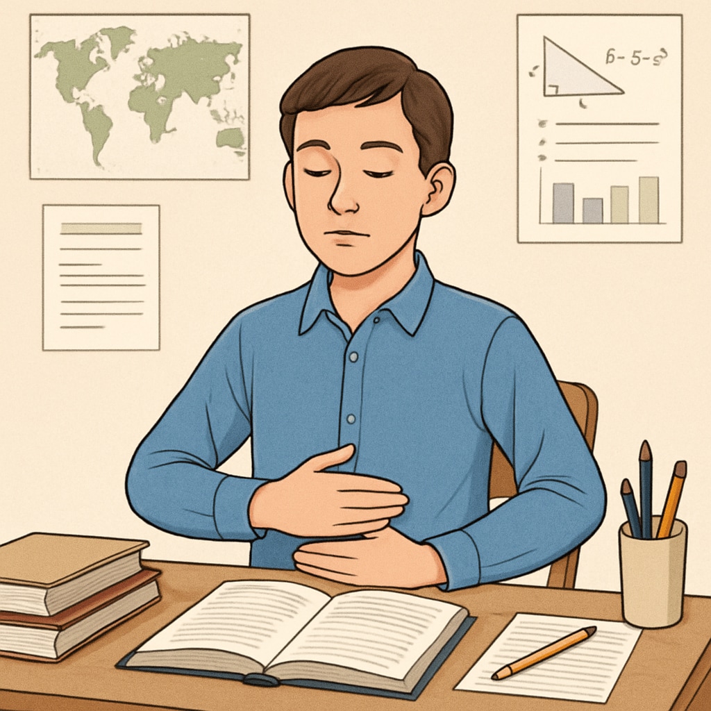 A person practicing deep breathing exercises before an exam. A person practicing stress-relief techniques to manage OAE exam anxiety.