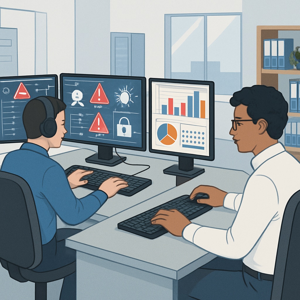 An office setting showcasing a cybersecurity professional monitoring live threats and a data scientist analyzing datasets. Cybersecurity professional monitoring threats and data scientist analyzing data.
