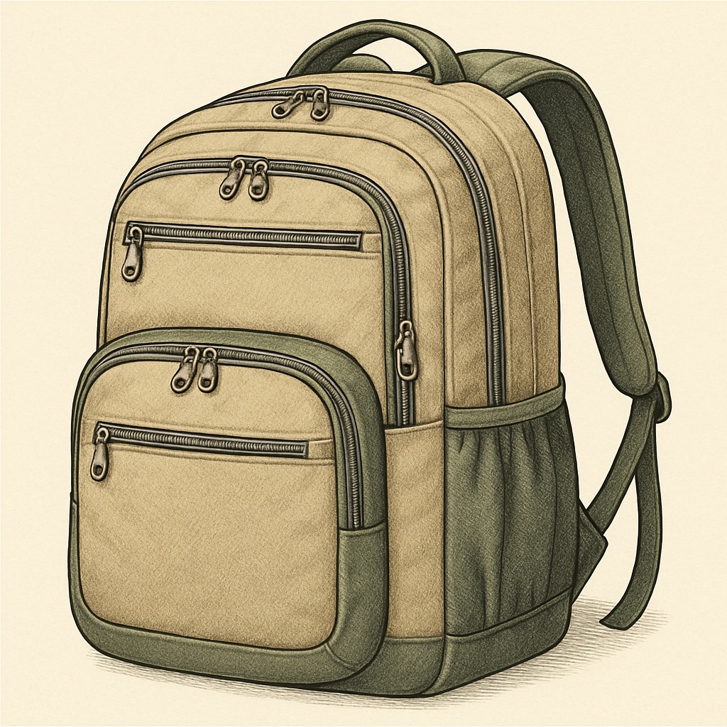 A close-up of a durable and spacious backpack with multiple compartments. A durable and spacious university backpack with multiple compartments.