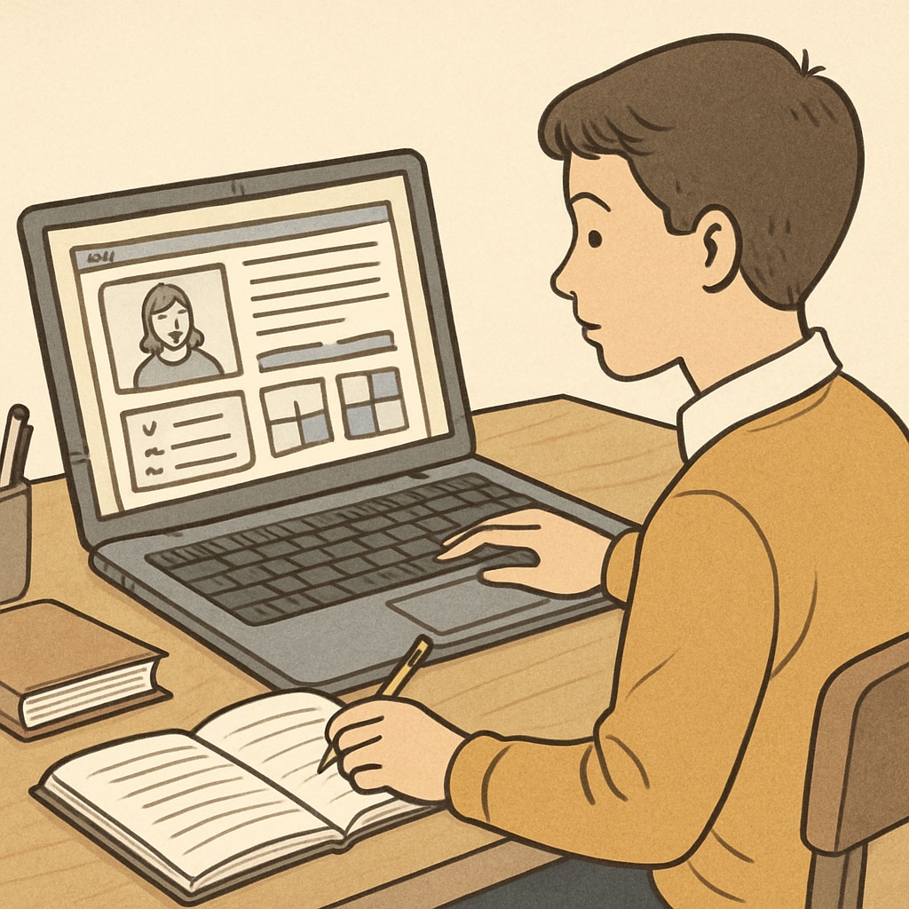 A student sitting at a desk with a laptop, exploring an online learning platform. High school student using an online platform for extracurricular learning.