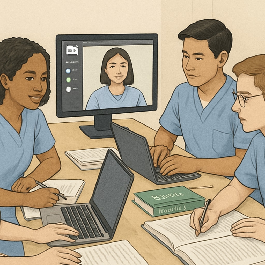 A group of nursing students collaborating on Discord, with laptops and notes visible. Nursing students using Discord for study group discussions.