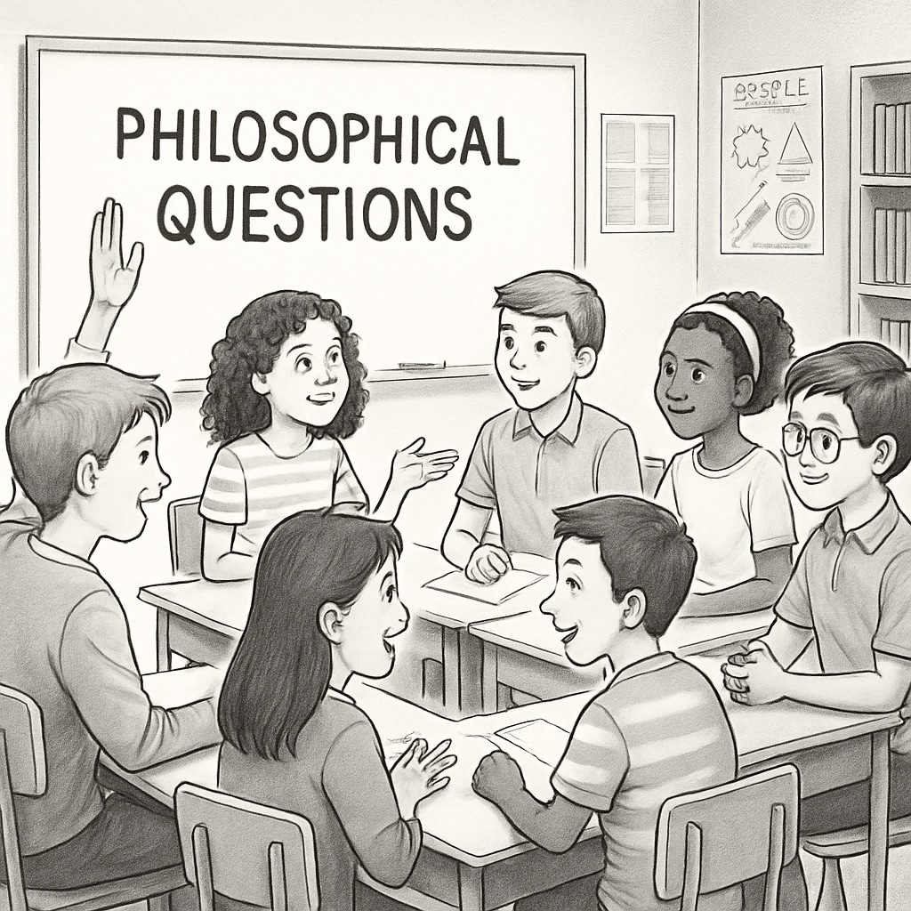 A group of K12 students engaging in a discussion about philosophical questions in a classroom setting, highlighting interactive learning. Students discussing philosophy as part of K12 education resources.