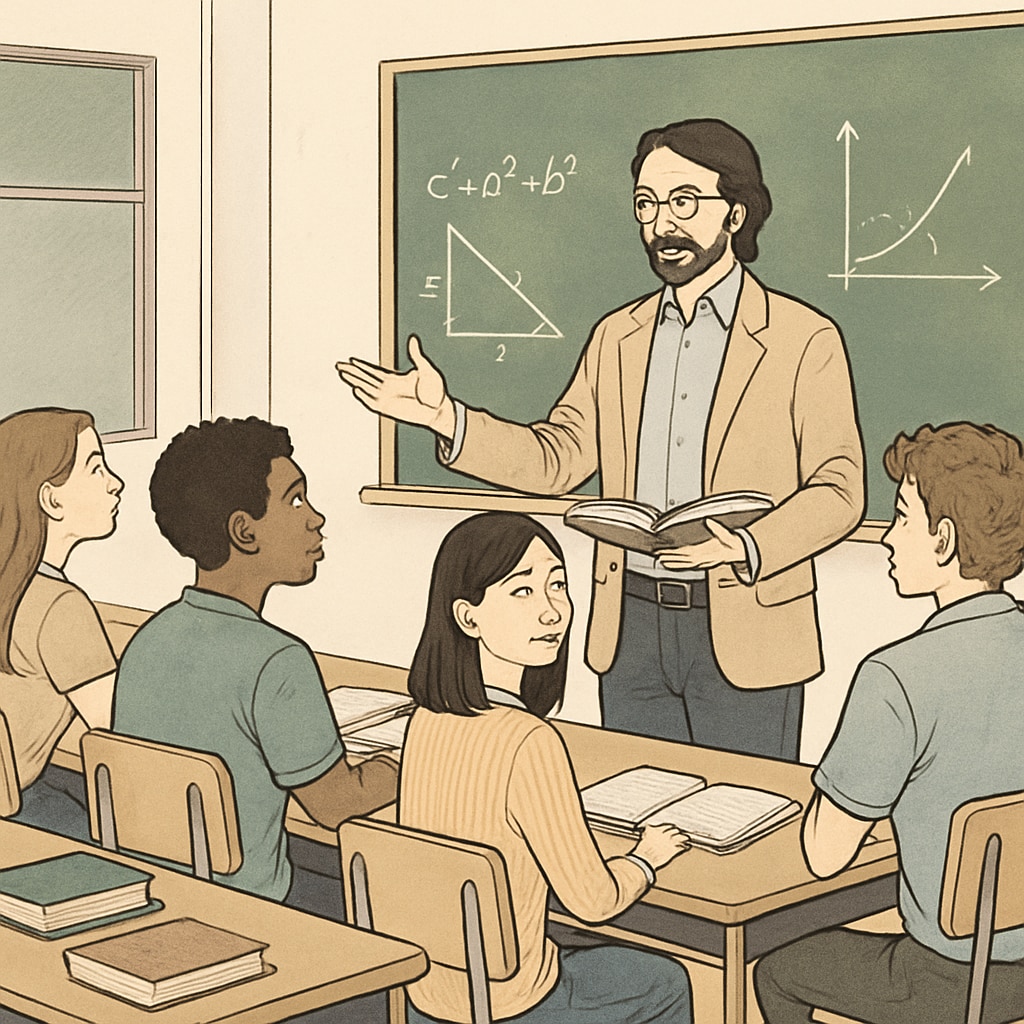 A classroom setting with a tutor explaining a concept to a group of high school students. High school students attending a tutoring session at an offline institution.