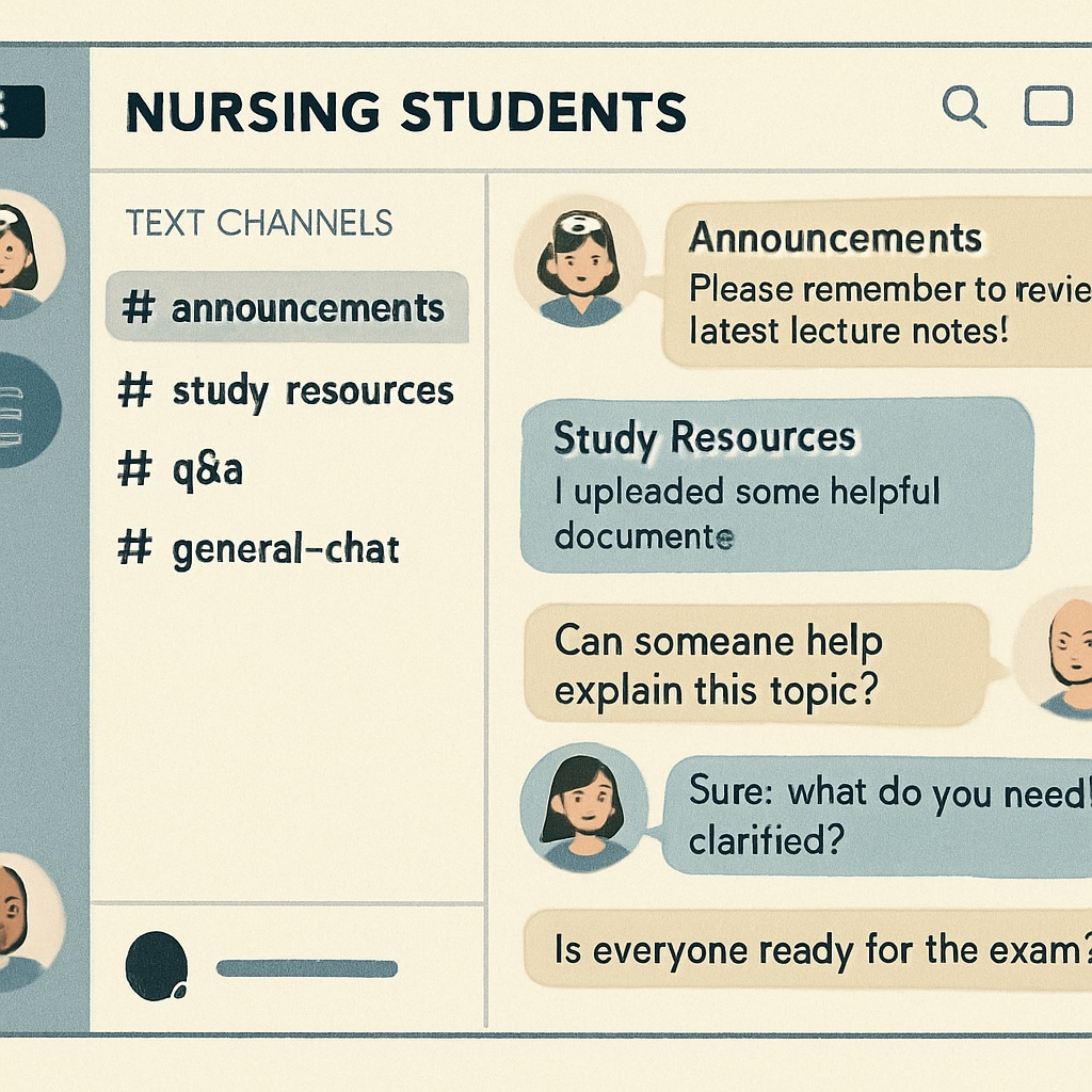A screenshot of a Discord server for nursing students, showing organized channels and active discussions. Example of a Discord server for nursing education with categorized channels.