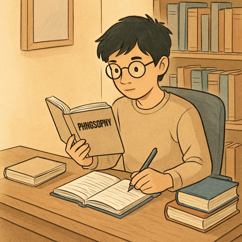 A young student reading a philosophy book while taking notes in a cozy study corner, symbolizing self-directed learning. K12 student learning philosophy through non-academic resources.