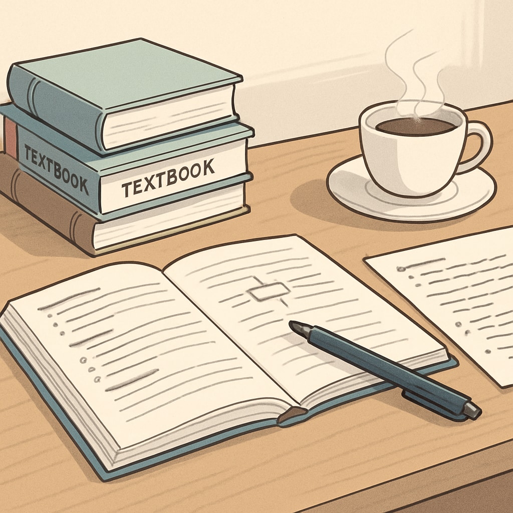 A calm study environment featuring a desk with textbooks, notes, and a cup of coffee, highlighting focused exam preparation. Calm study environment with textbooks, notes, and coffee for exam preparation.