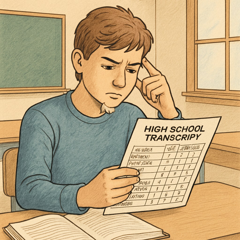 Student reviewing high school transcript to identify credit gaps.