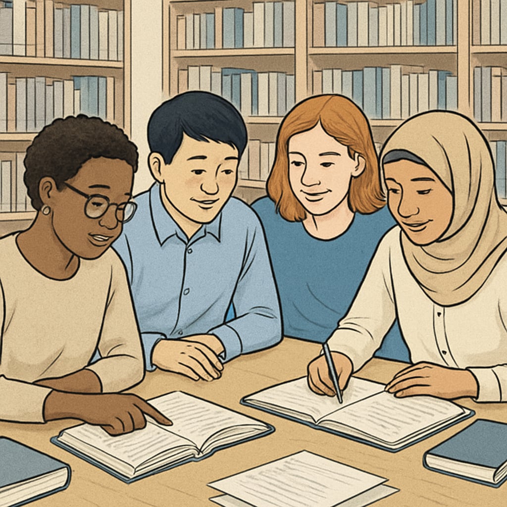 A diverse group of individuals studying together in a library setting, promoting collaboration and mutual support. Group study session in a library for mutual support during OAE preparation.