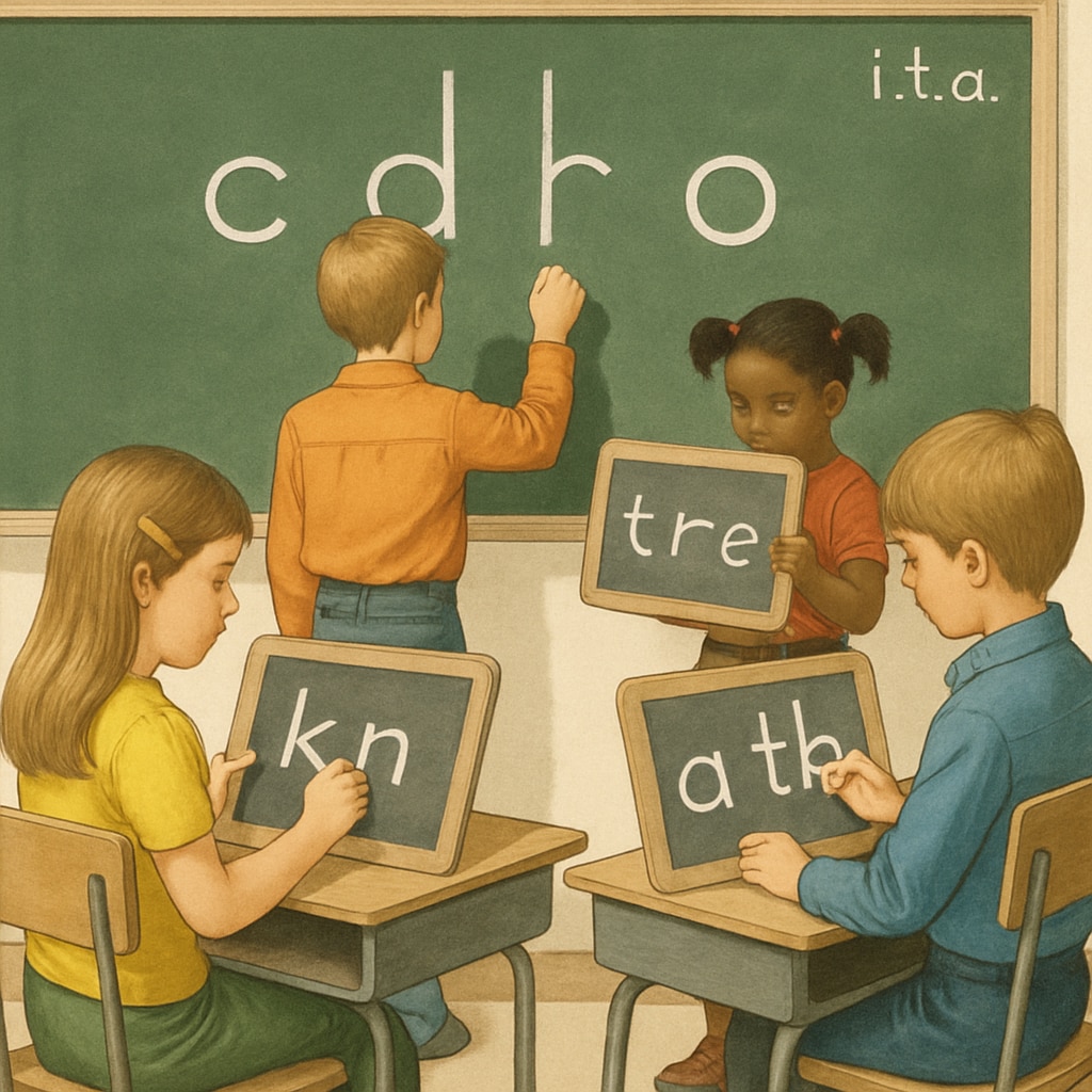 A classroom in the 1970s with children practicing the Initial Teaching Alphabet on chalkboards. 1970s classroom with children learning Initial Teaching Alphabet, highlighting early education methods.