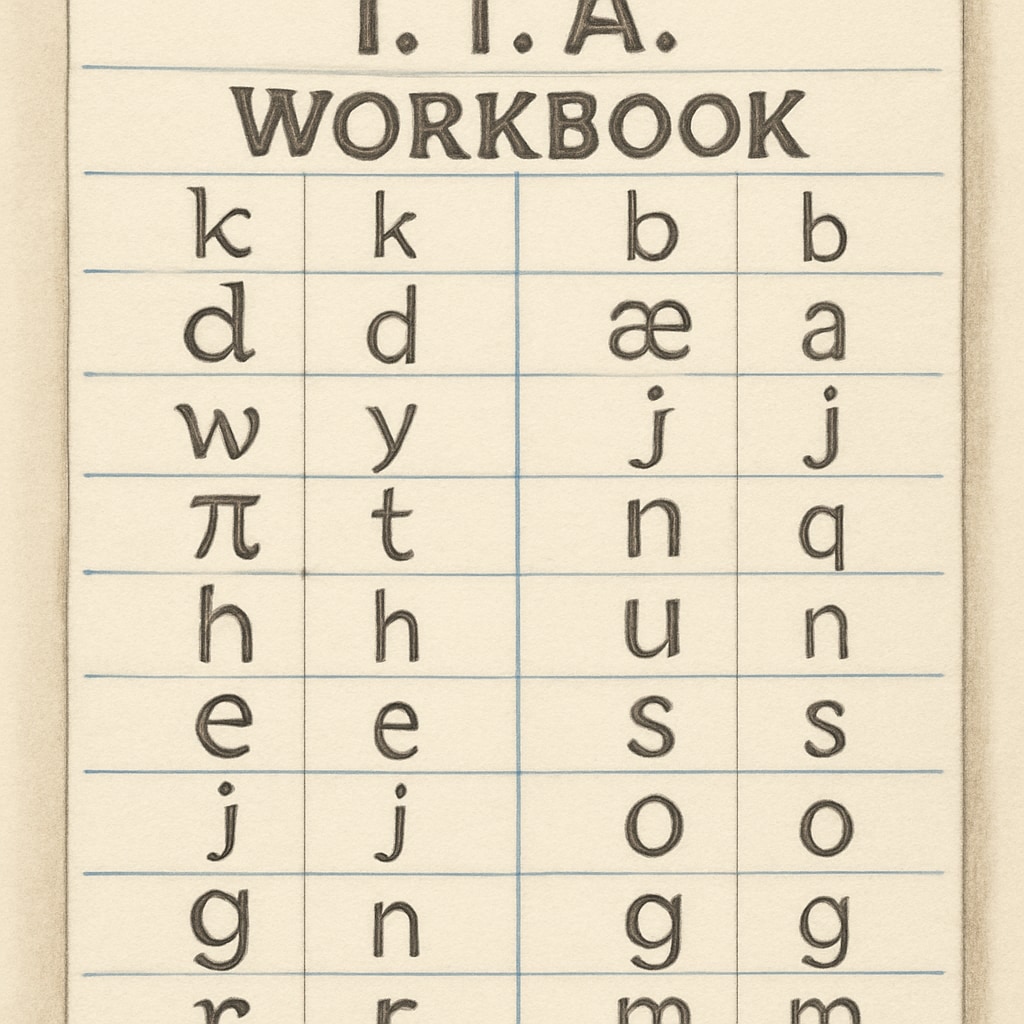 A close-up of a workbook showing handwritten ITA characters alongside standard English translations. Workbook displaying Initial Teaching Alphabet characters with standard English equivalents, illustrating ITA’s teaching method.
