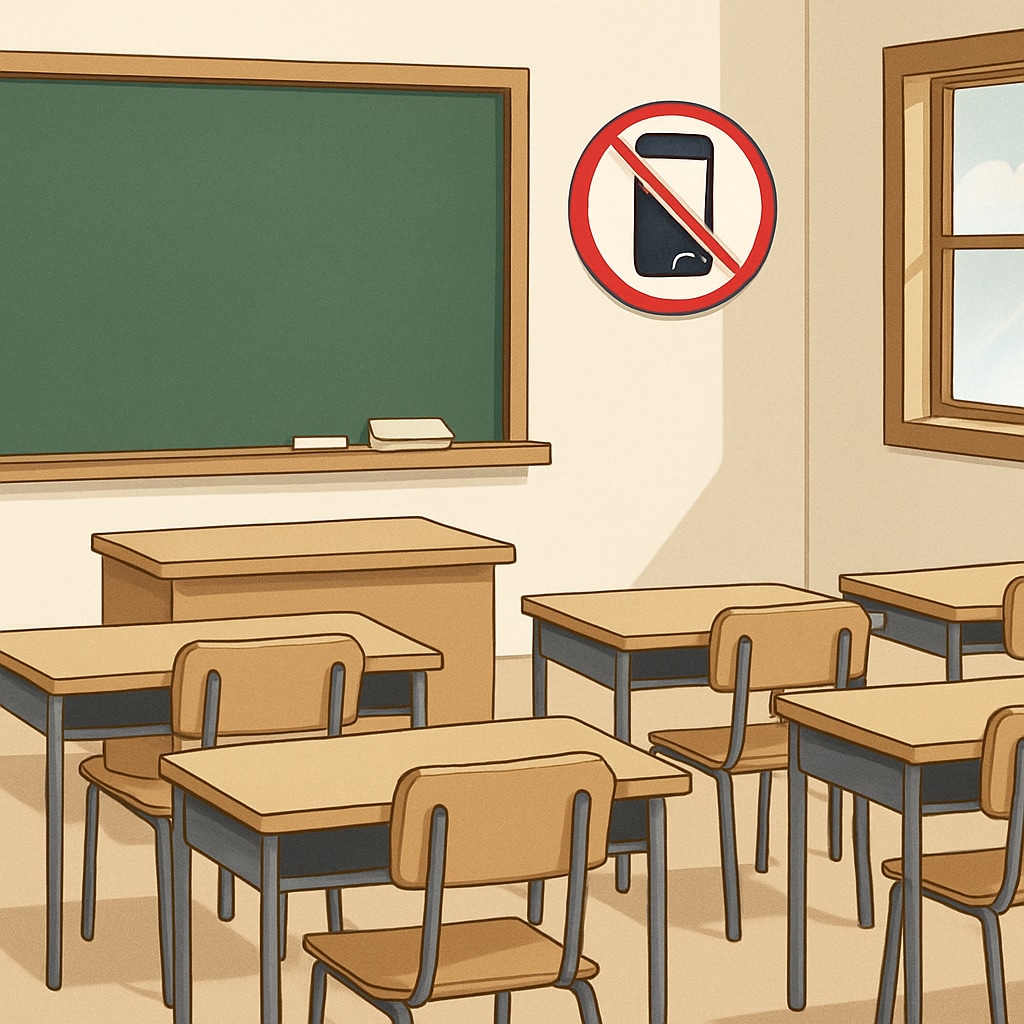 A classroom with a sign prohibiting cell phone use, symbolizing a cell phone ban in public schools. A classroom sign showing cell phone prohibition as part of a public school policy.