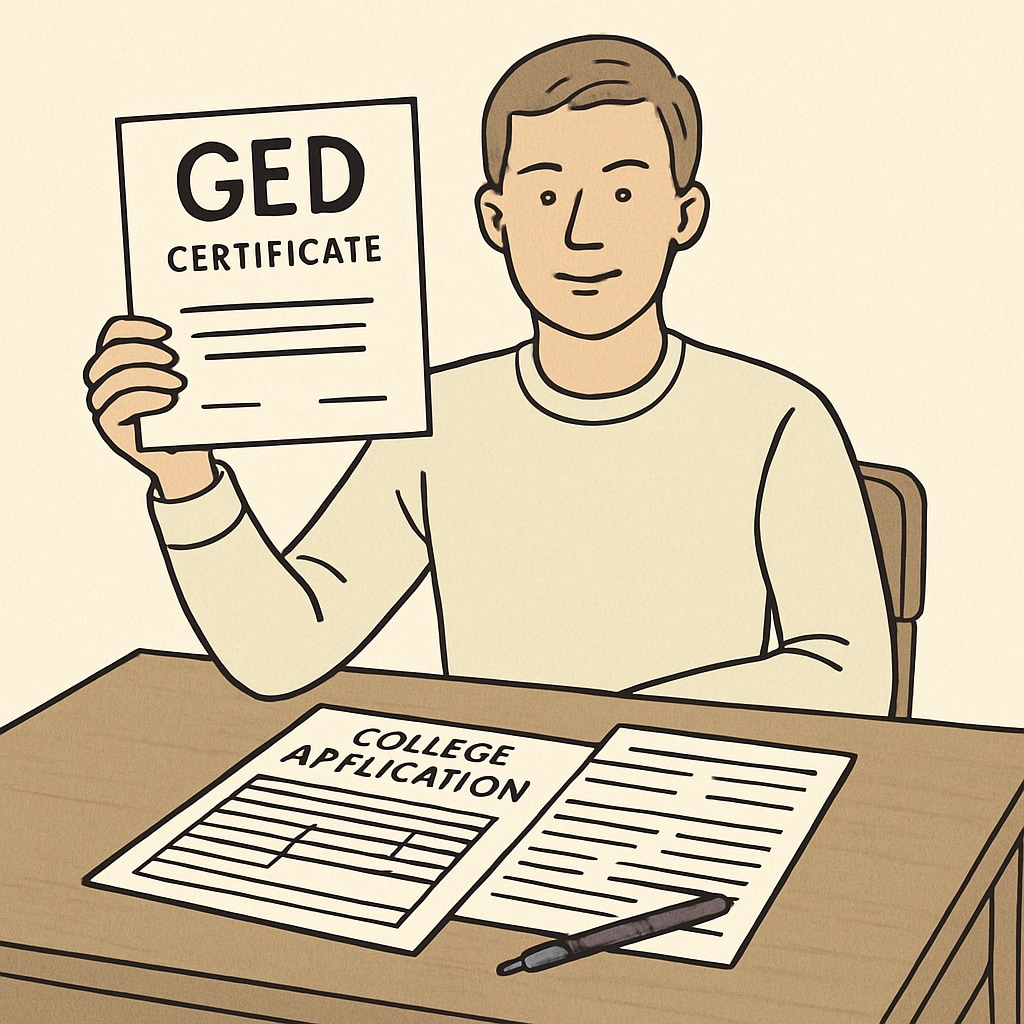 A student holding a GED certificate, sitting at a desk with college application forms. A GED graduate preparing college applications, symbolizing adult education pathways.
